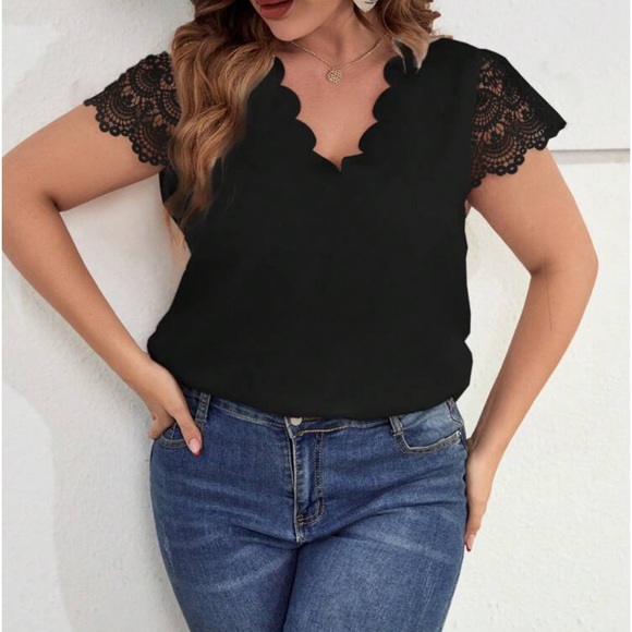 Plus Size Sheer Lace Sleeve Scallop Trim Top Blouse Shirt White - Picture 10 of 16